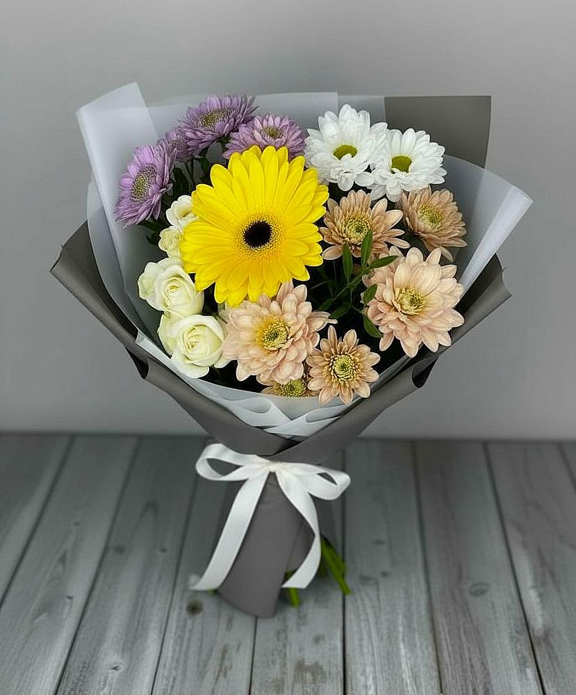 Букет цветов из: Розы, Герберы и Хризантемы в Павлова