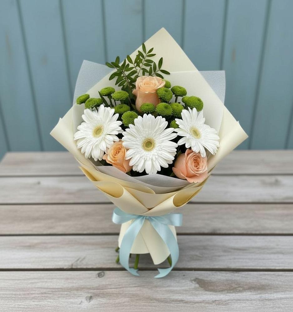 Букет цветов из: Герберы, Розы и Хризантемы в Павлова